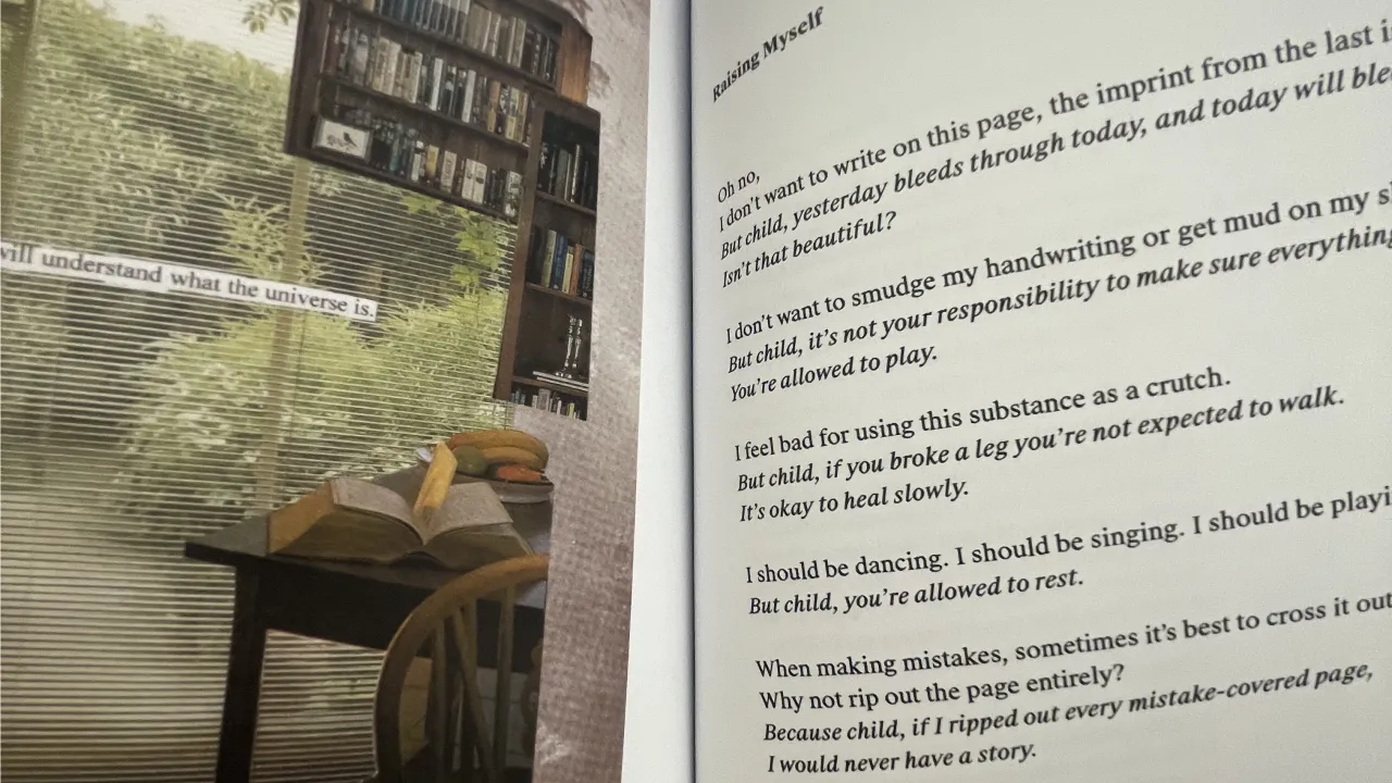 A detail of by Shikani Sargent’s contribution to YOU Together, an anthology of writing from the Regional Scribes program. Photo is a close up photo of a book opened with a photocollage on the left page and a poem on the right page.