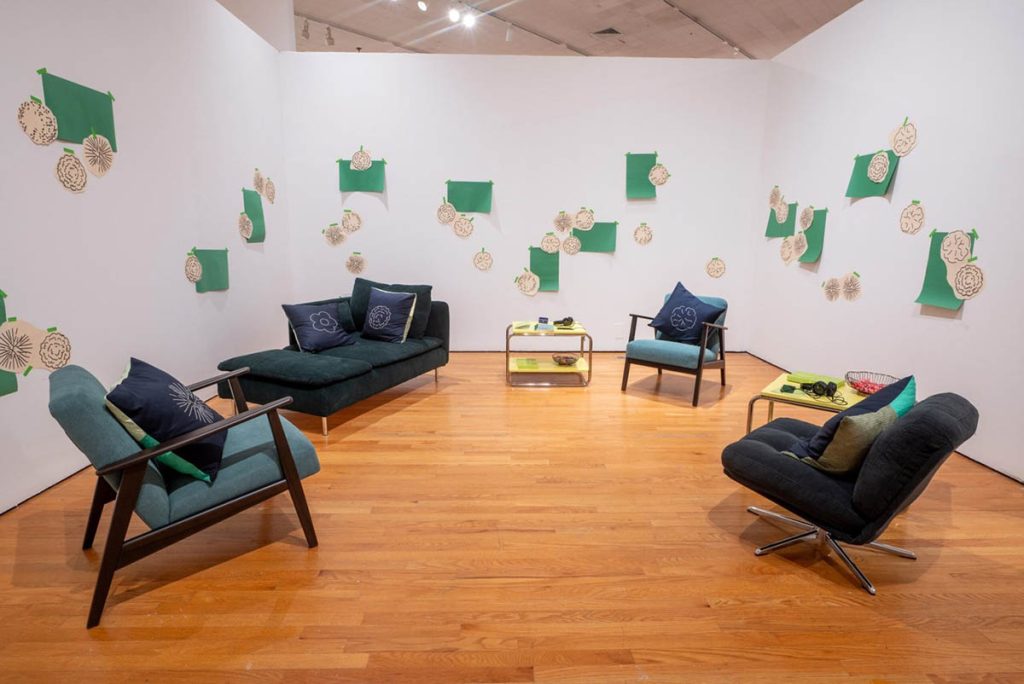 Four lounges in white gallery room. Installation of Smoke & Mirrors exhibition at Zimmerli Art Museum, Rutgers University, curated by Amanda Cachia