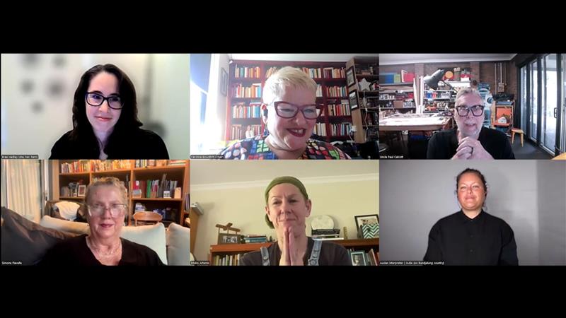 Professor Bree Hadley, Caroline Bowditch, Uncle Paul Constable Calcott, Simone Flavelle, Emiko Artemis and Jodie (Auslan Interpreter) at the Disability Arts History Australia launch