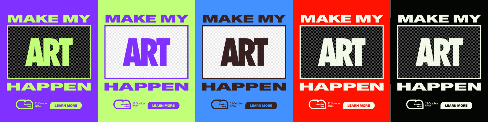 A banner showing an example of the assets available in this download package. Shows the customisable Make Our Art Happen assets.