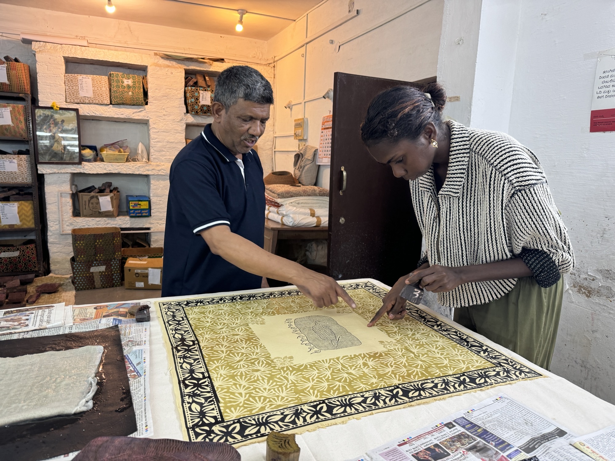 Cindy Rostron at Tharangini Print workshop working on design