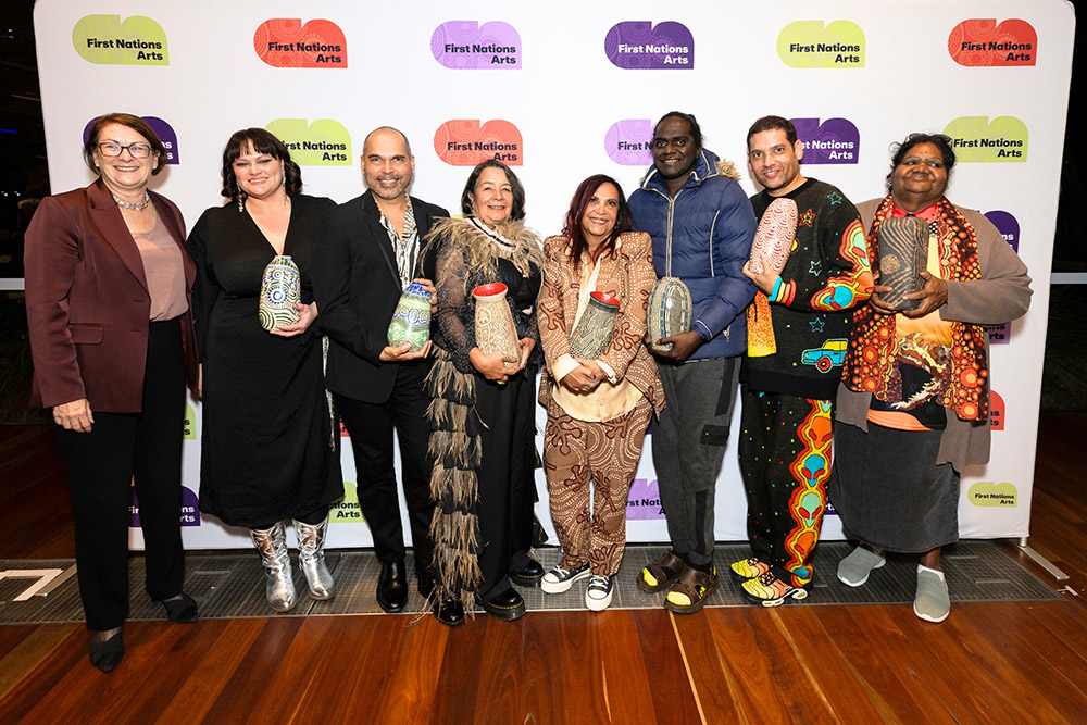 (L to R) Susan Templeman MP, Candice Lorrae, Ben Graetz, Lily Shearer, Shellie Morris AO, Gutiŋgarra Yuŋupiŋgu, Tony Albert, Vanessa Inkamala. Photo: Joseph Mayers