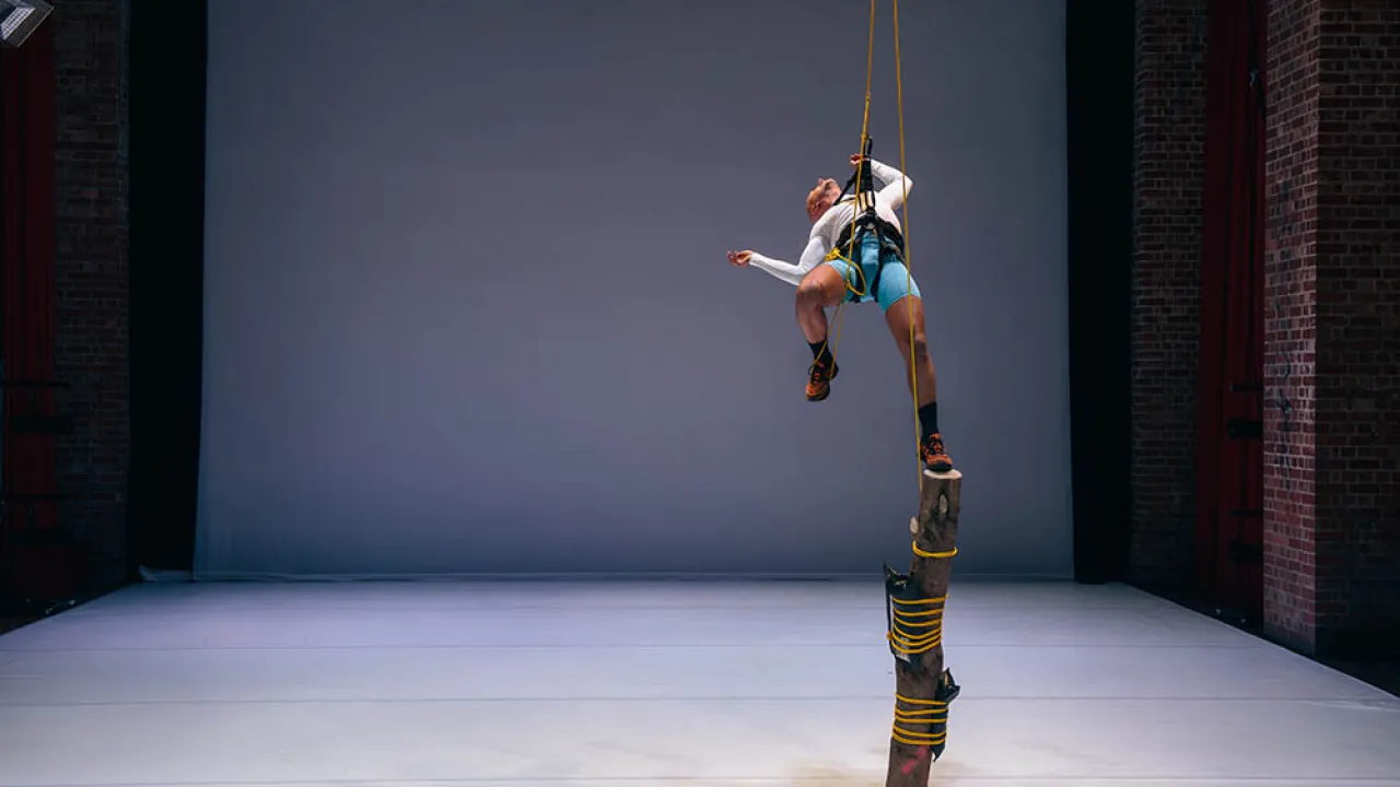 Dancer hanging from roof by rappel ropes with one foot on tree trunk