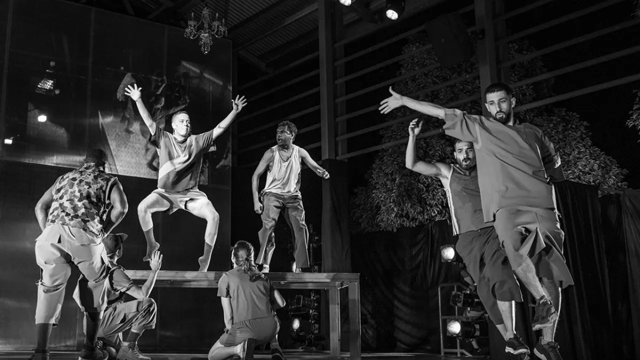 Luke Currie-Richardson, Ses Bero, Zachary Lopez, Chandler Connell, Miranda Wheen, Emmanuel James Brown, Issa el Assaad & Feras Shaheen in Jurrungu Ngan-ga, Marrugeku. 2021