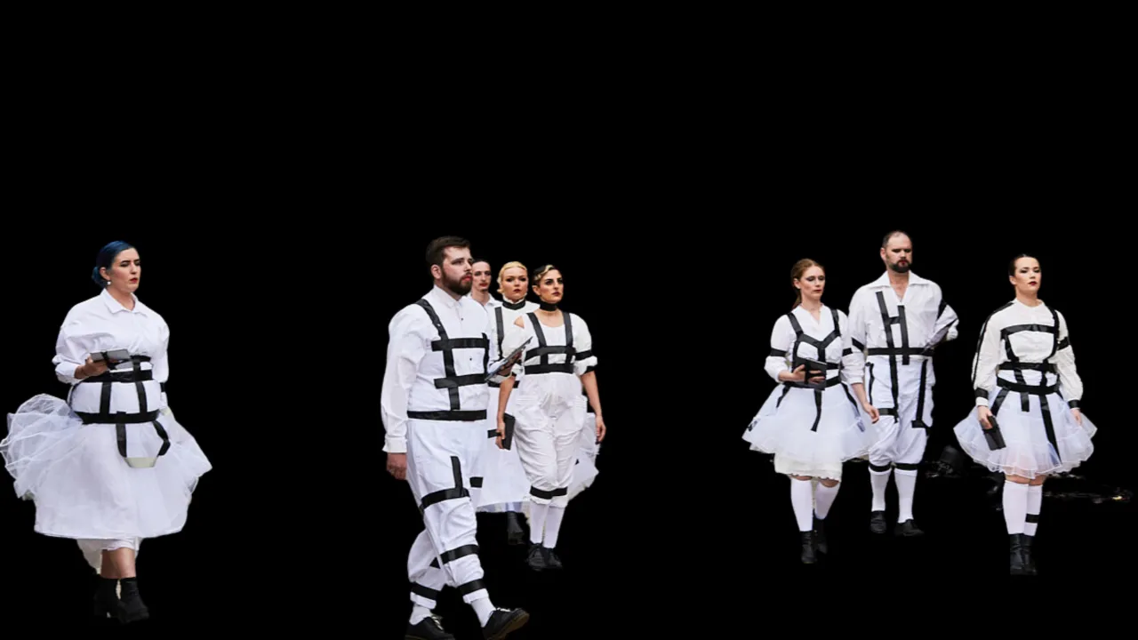 ACOCO artists in white costumes with irregular black gaffer tape on a mission walking into the future of opera