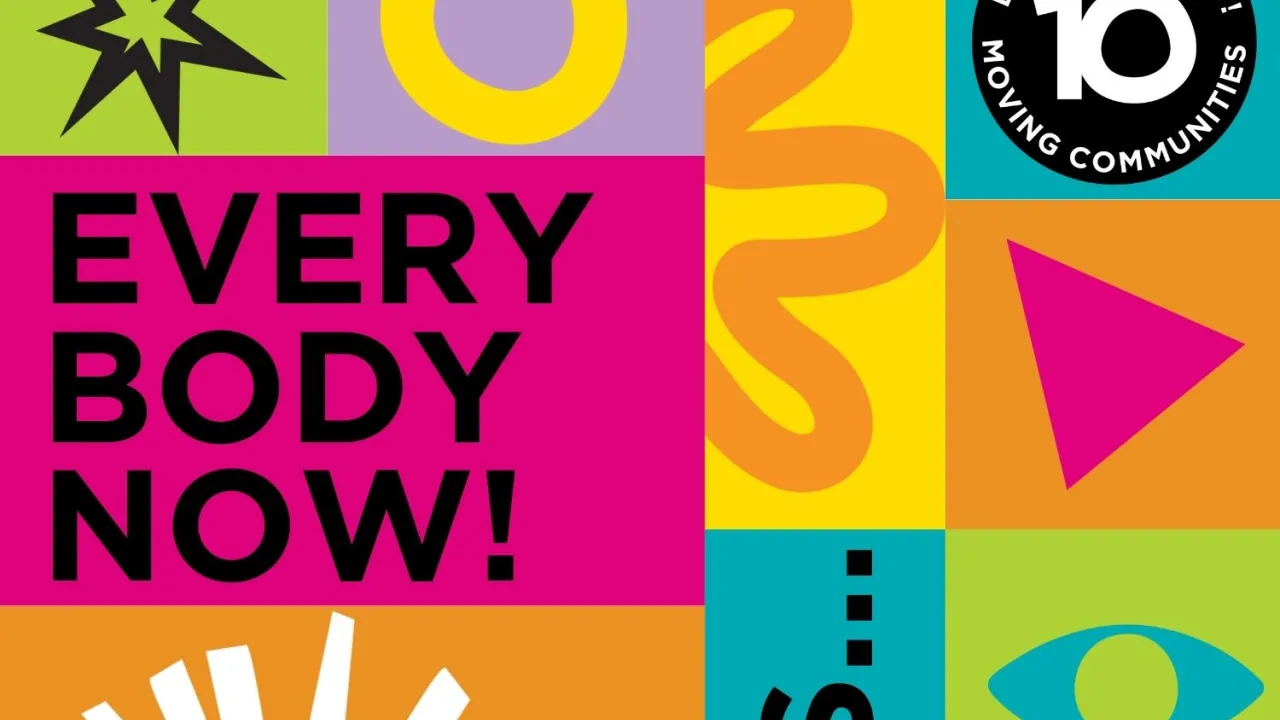 Bold and bright graphic with coloured boxes and shapes, with 'Everybody Now!' in a pink box on the left hand side.