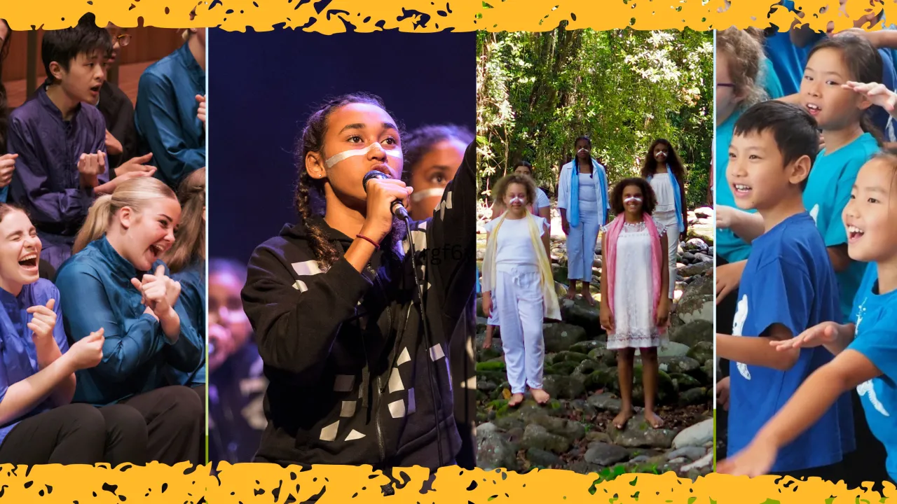 A banner featuring images from Gondwana Choirs' programs: 1. Two teen girls wearing blue silk shirts laugh mid-performance; 2. A Marliya performer sings with a microphone; 3. A group of First Nations choristers stand together on a large rock under trees; 4. Primary school children rehearse at choir practise.