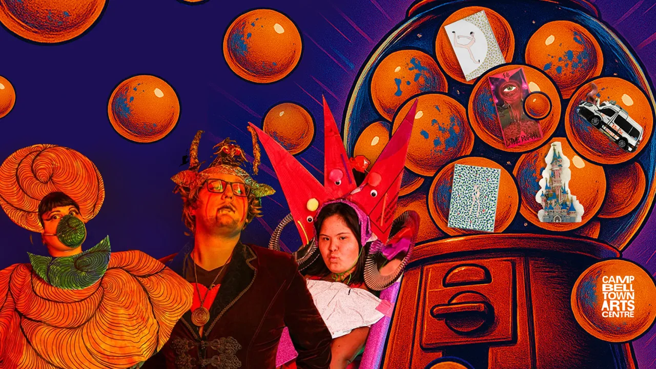 Little Orange: Big Gumballs! hero image is a collage that features portraits of some of the Little Orange artists (Adam Jones, Jezzy Fezzy and Imogen Jade. Photographer: Nany Trieu). The image also features a giant bright orange gumball machine and within 3 of the gumballs there are artwork examples.