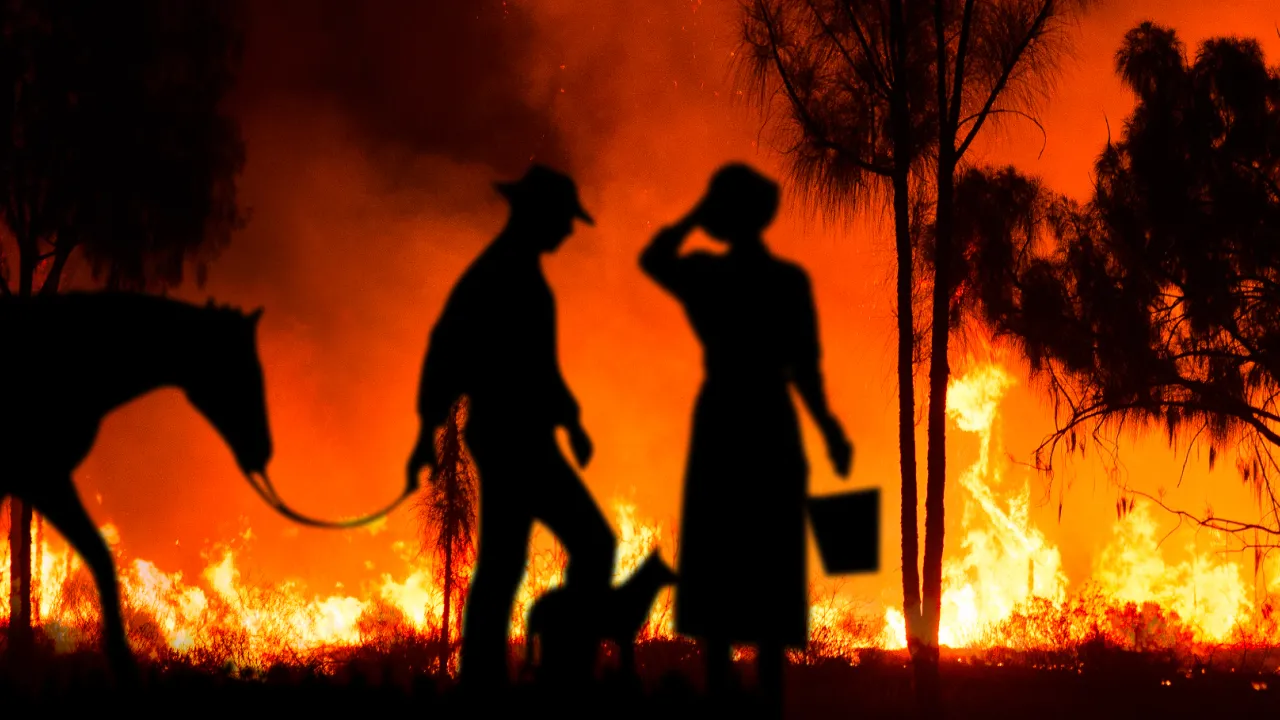 Landscape on fire with silhouette of firefighters with bucket and horse.