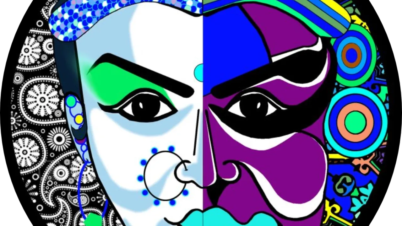 "Annual South Asian Theatre Mela. This artwork, originally hand-drawn and later digitised, reimagines the classic theatre mask of Comedy and Tragedy through a Kathakali mask from South India. It symbolises the balance of masculine and feminine expression, enriched with South Asian cultural motifs: the delicate Alpona of Bengal, the vibrant Truck Art of Pakistan, and patterns inspired by Indigenous Indian art traditions. The piece reflects Nautanki Theatre’s intercultural ethos, honouring heritage while emb