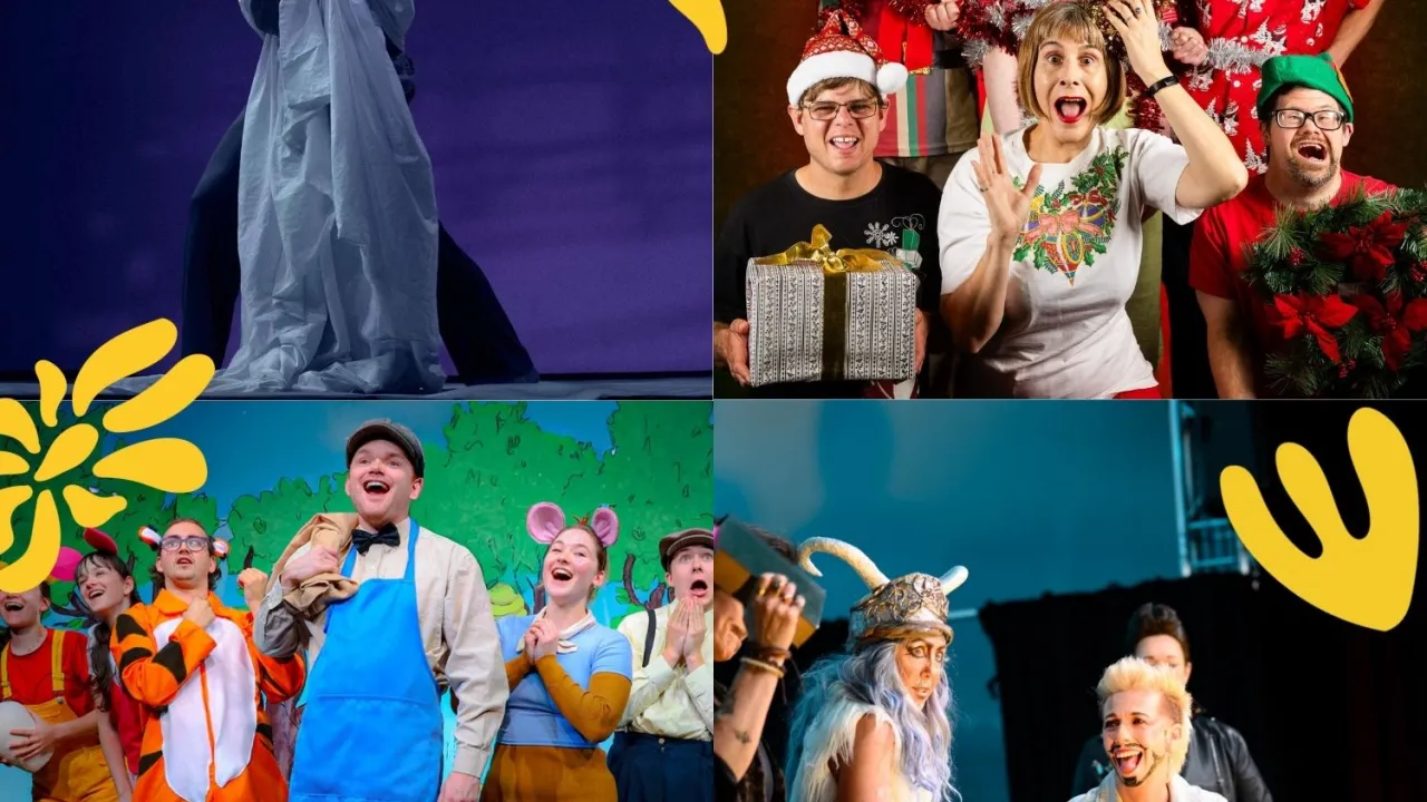 The image is a promotional poster for PIP Theatre, showcasing a variety of theatrical productions. It's a collage of four distinct scenes: a dramatic solo performance, a comedic Christmas-themed ensemble, a children's production based on Winnie-the-Pooh, and a more modern, edgy cabaret piece. The image suggests a fundraising donation drive, emphasizing the breadth and impact of PIP Theatre's work across diverse genres. The overall style is vibrant and eclectic, using bold colors and stylized graphic element
