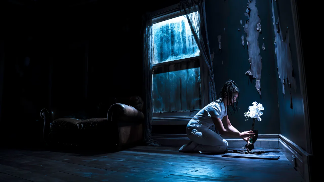 A dimly lit room with peeling paint on the walls and a large, foggy window glowing with cool blue light. In the foreground, a person dressed in white kneels on the wooden floor near the window. They are gently arranging or tending to a white flower in a vase, which seems to glow brightly against the otherwise shadowy scene. To the left sits a worn leather armchair in darkness. The overall mood of the image is atmospheric and surreal—mixing decay and ruin with a moment of tenderness and beauty.