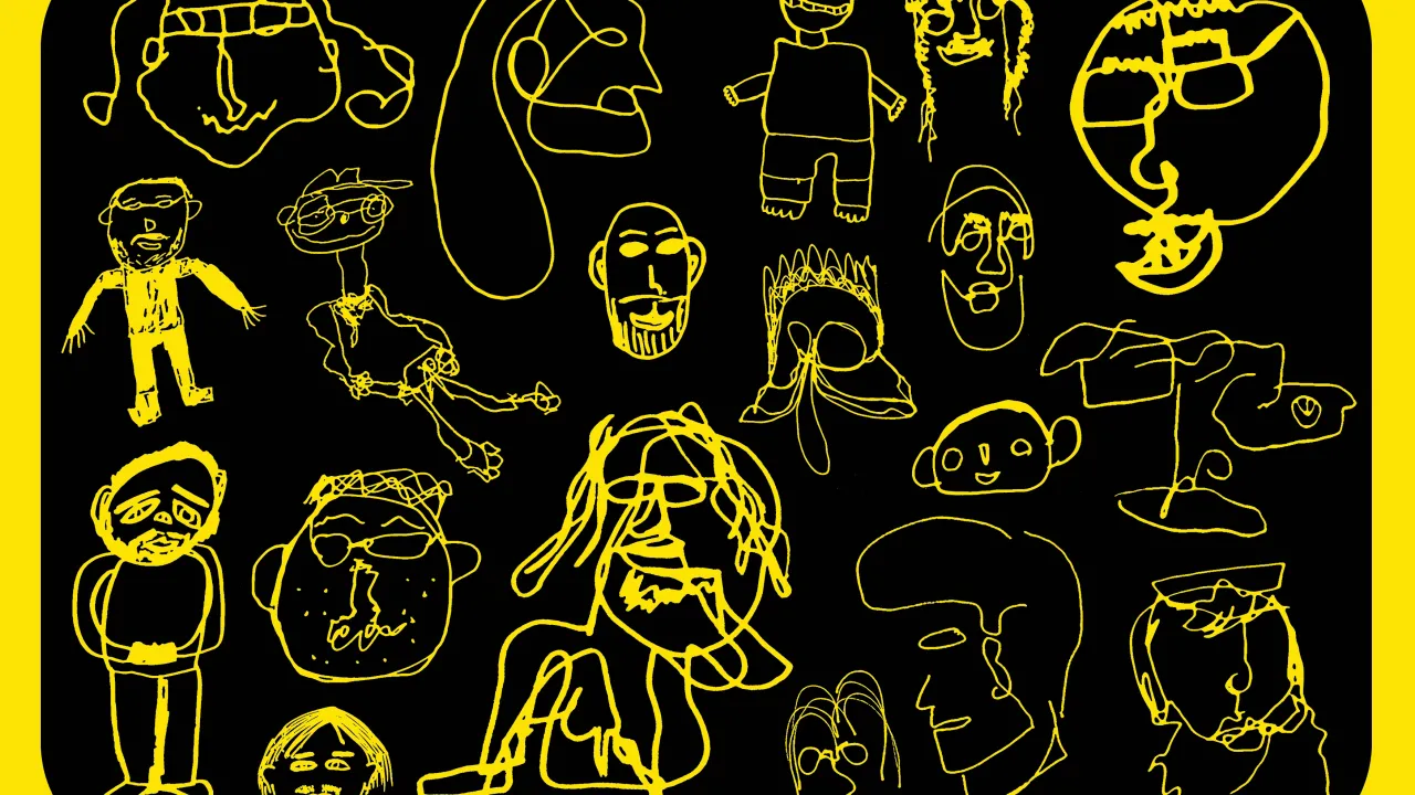A black background with hand drawn faces and bodies in vibrant yellow.