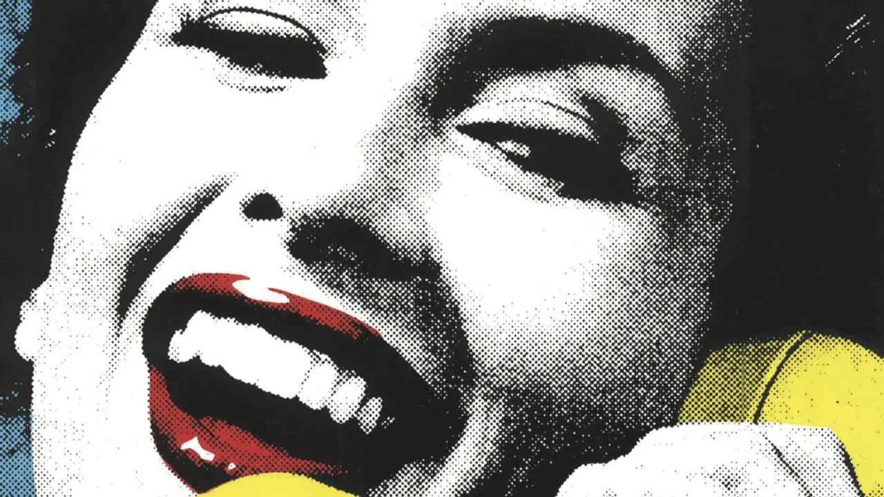 Pop art–style image of a woman laughing while holding a bright yellow telephone to her ear. The artwork features bold halftone dots, vivid colours, and high contrast, with the woman’s red lips and white teeth standing out against a blue and black background.
