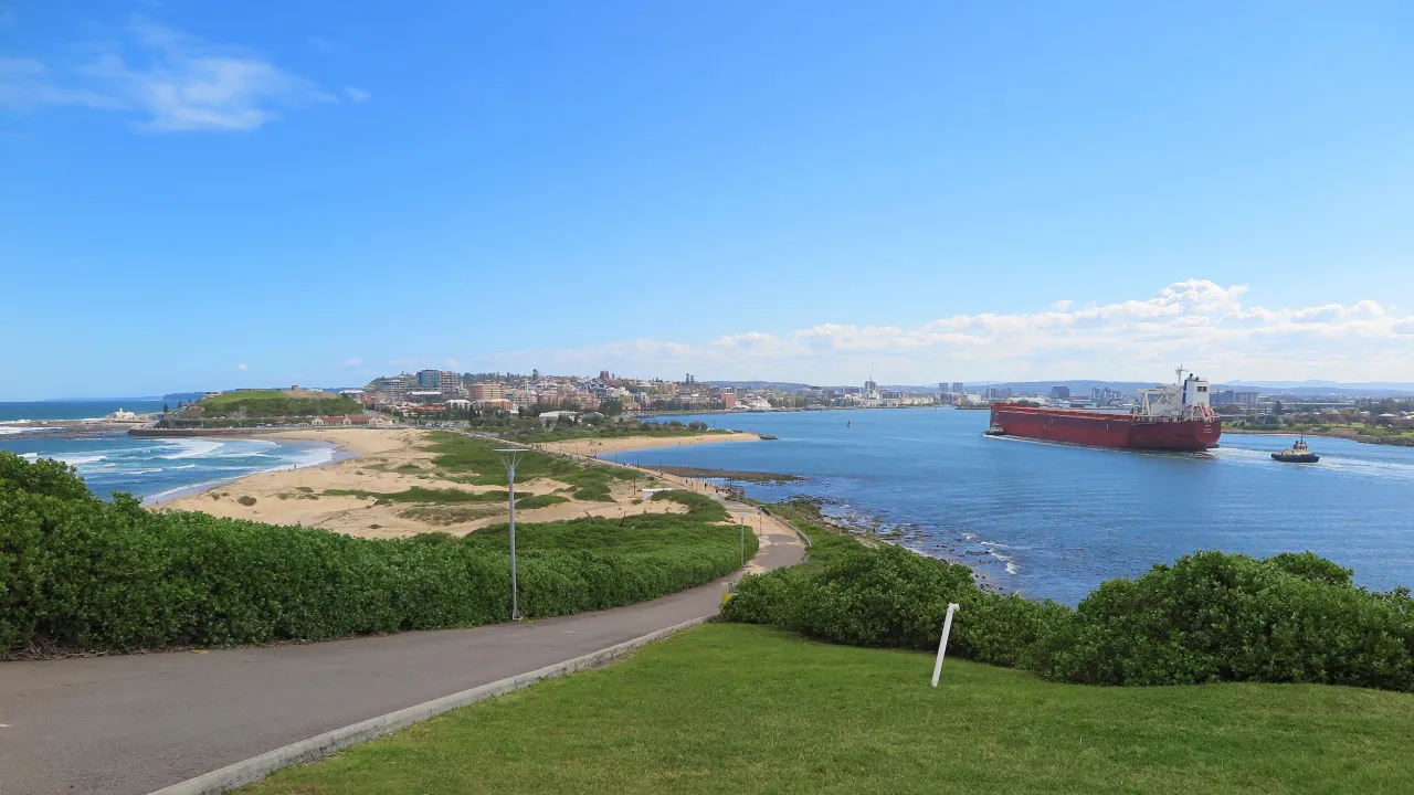 The view of the harbour, the sea and Newcastle city from Whibayganba-Nobbys Lighthouse.