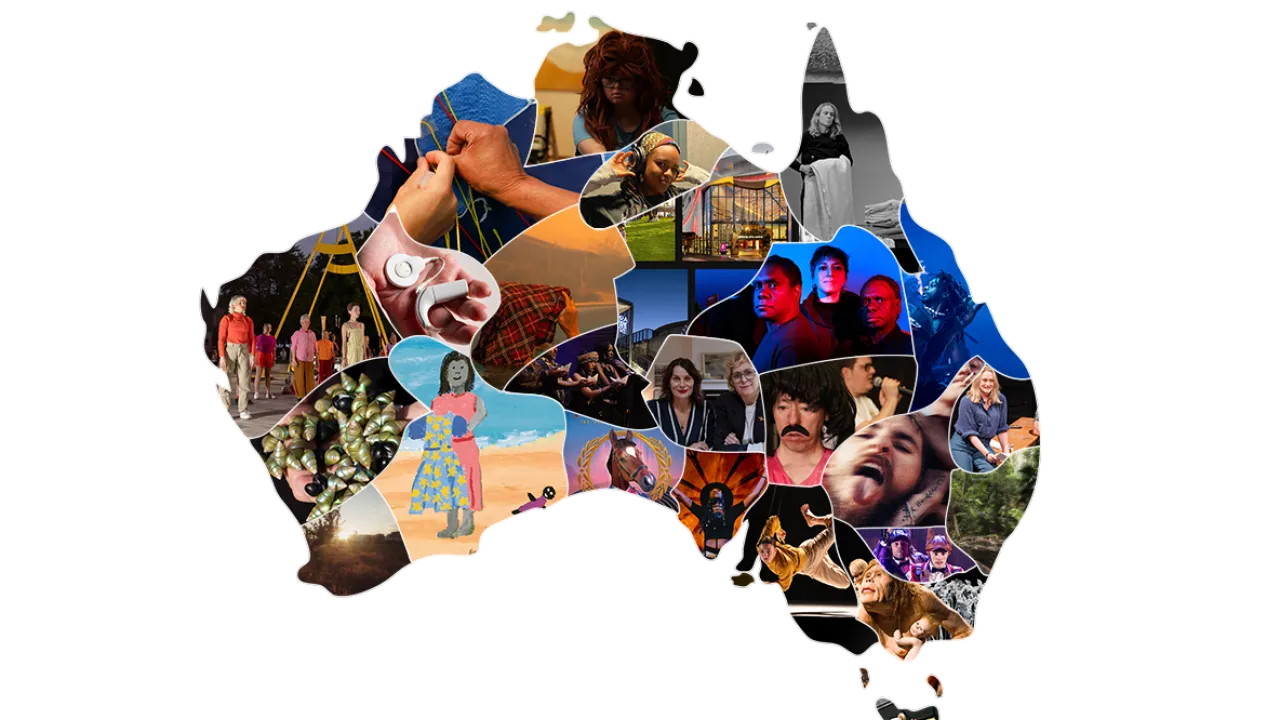 A collage of all the Creative Futures Fund 2026-27 recipients, in the shape of Australia.