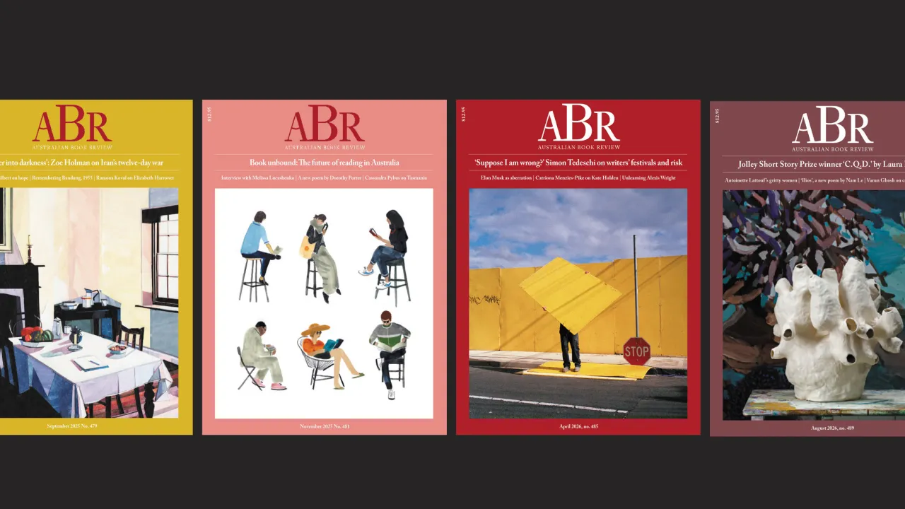 This image contains four covers of Australian Book Review magazine issues.