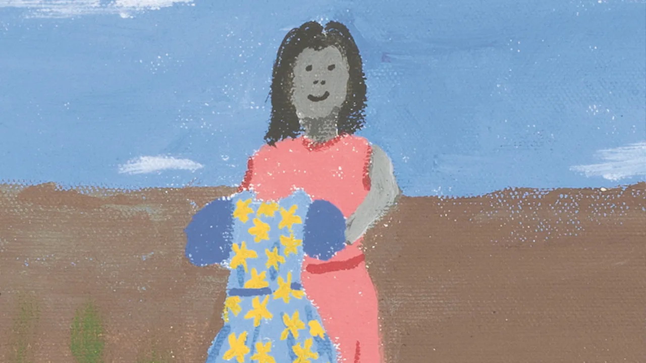 Painting by Wanda Gibson of a little girl holding a dress