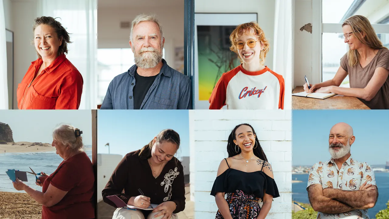 A collage of eight headshots of smiling writers