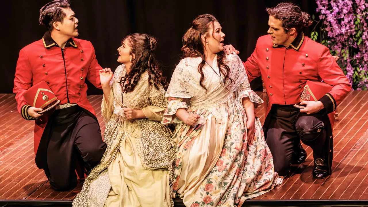 Image of Richard Divall Emerging Artists (pictured L-R) Cen Wei, Sidra Nissen, Breanna Stuart and Hartley Trusler in the 2025 production of Così fan tutte. Photo by Robin Halls