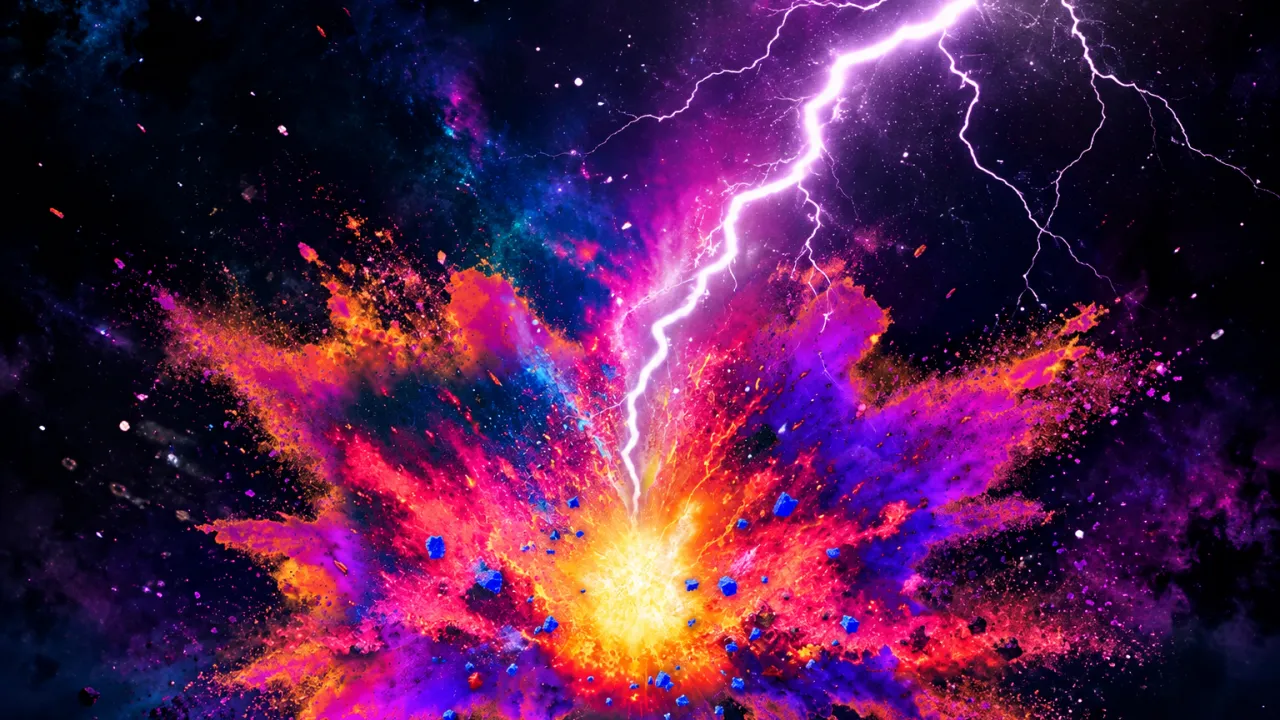 A brightly coloured artwork of a lightning bolt causing an explosion.