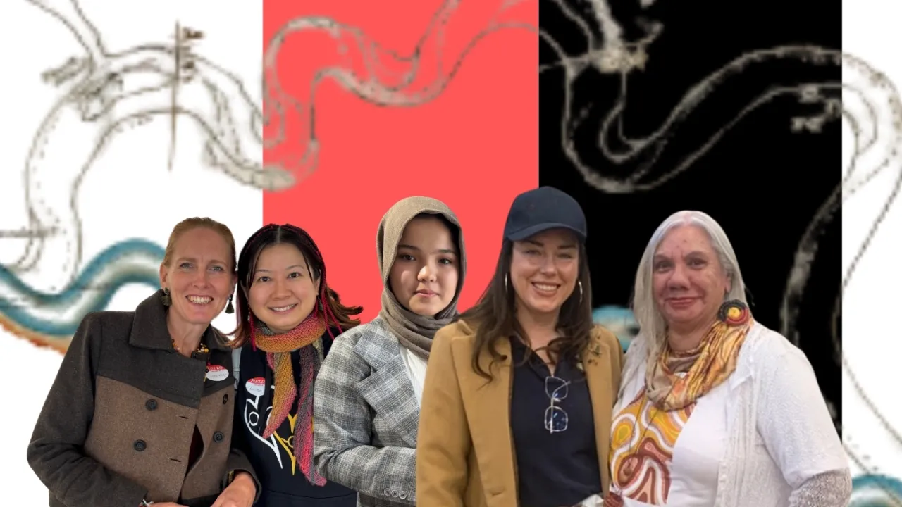 River drawing of Murray/Murrumbidgee Rivers with diverse women smiling 
