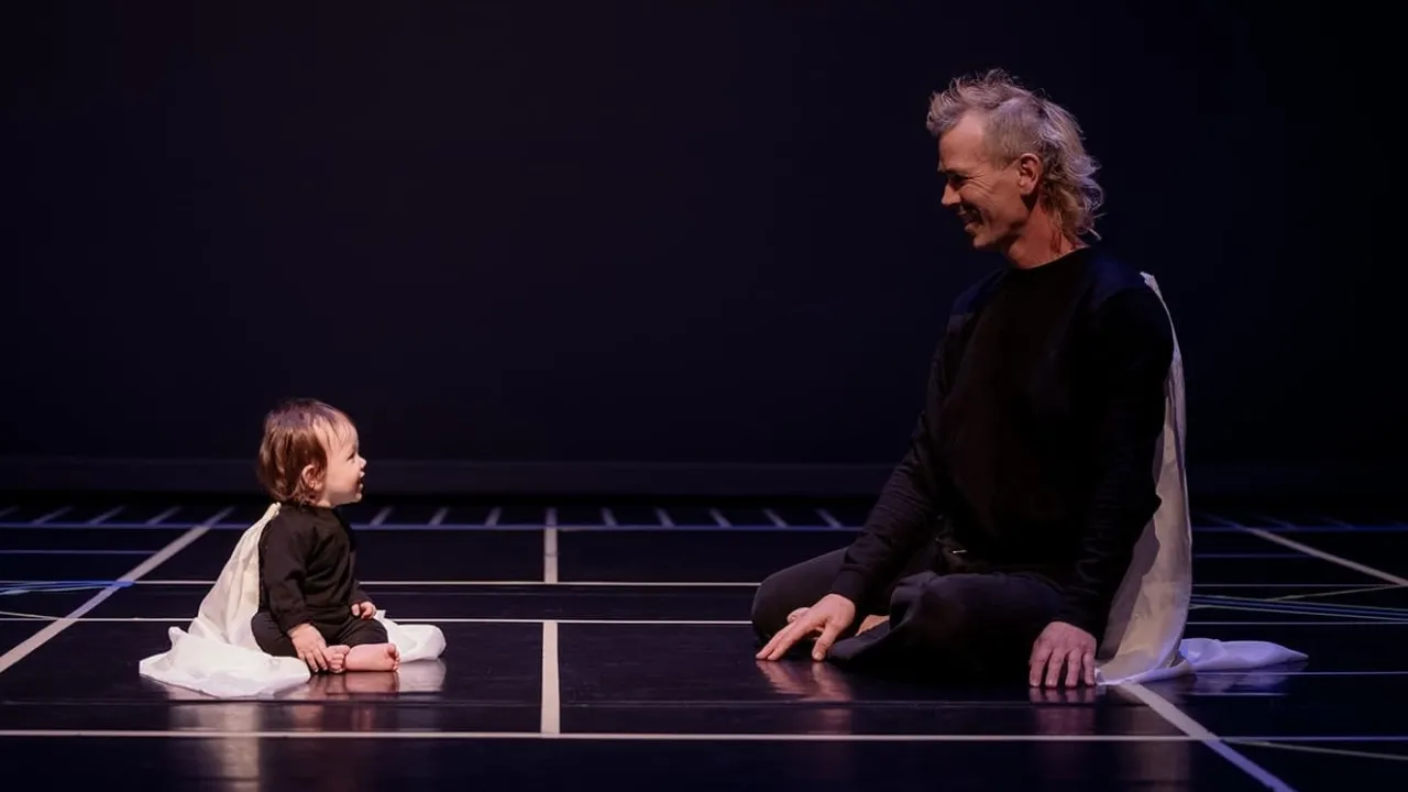 Performer and parent Paul Roberts with 7 month-old Juniper, July 2025 Studio Theatre, Theatre Royal Hobart