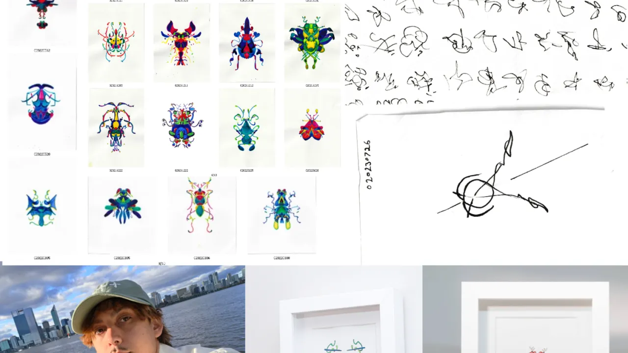 Ashwe infront of the Perth city skyline beside the swan river, scribles and abstractions that look like insects are coloured with intricate line work