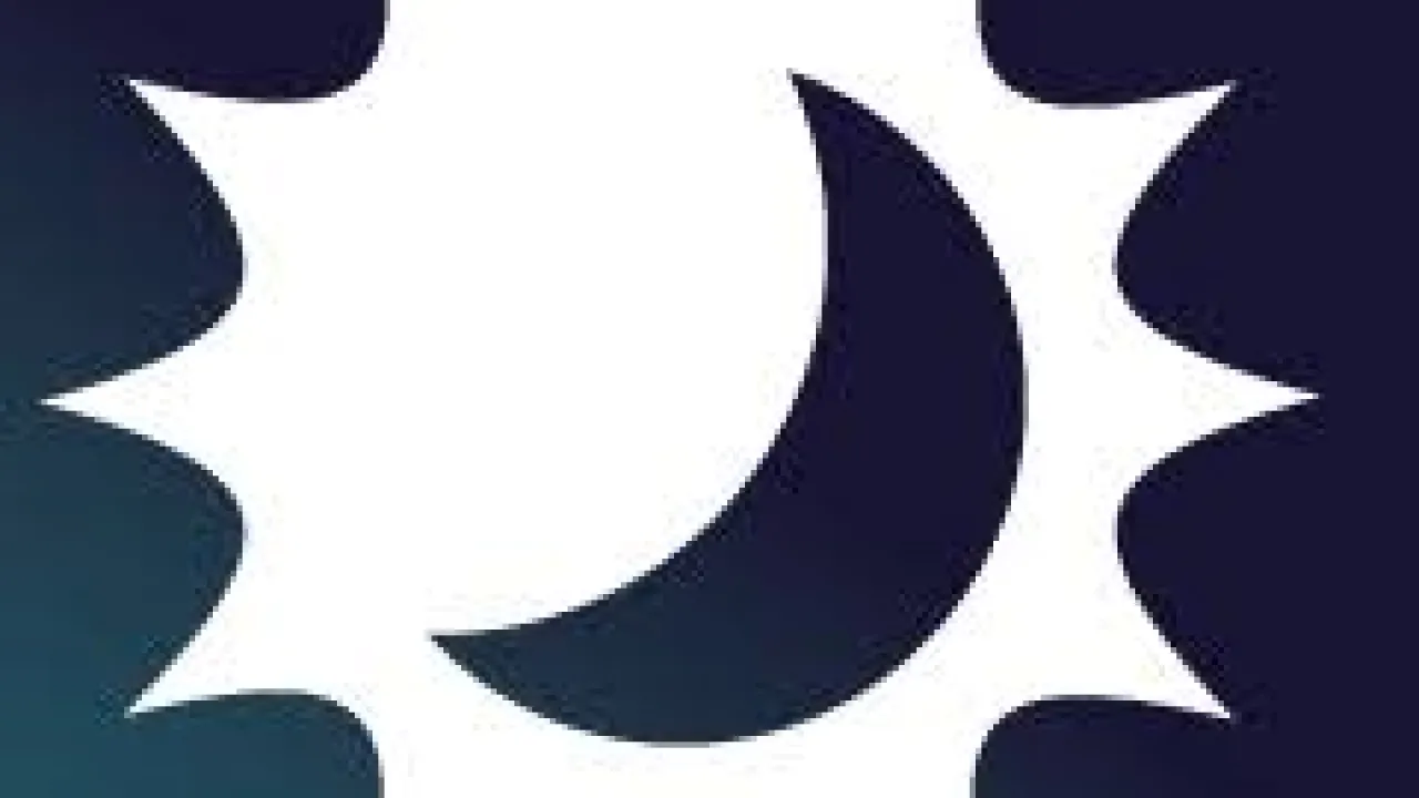 A dark blue background with a white sun in the foreground. Inside the white sun is a moon in the same dark blue background colour.