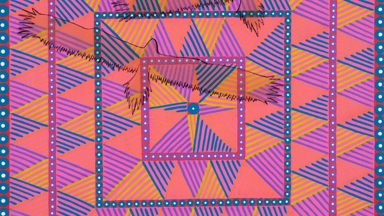 ‘Feeling Invisible’ (2026) is a vibrant 30 cm x 30 cm acrylic painting by Palawa artist, Ethan D. The painting talks about the isolation many First Peoples feel in prison. 