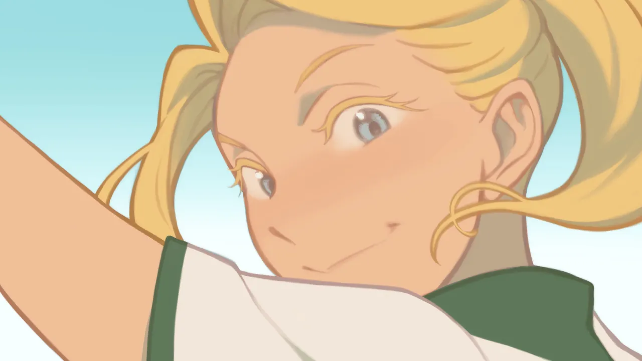 A close-up headshot of Sydney as a young blue-eyed blonde girl in a ponytail, making a confident expression. 