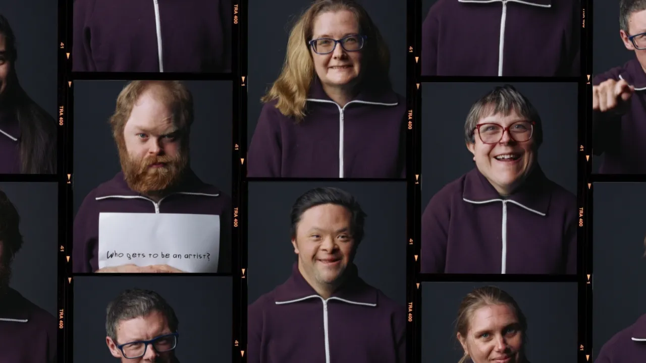 A grid of multiple portraits of different Tutti artists wearing a dark zip-up hoodie, each with a white zip, smiling or posing against a dark background.