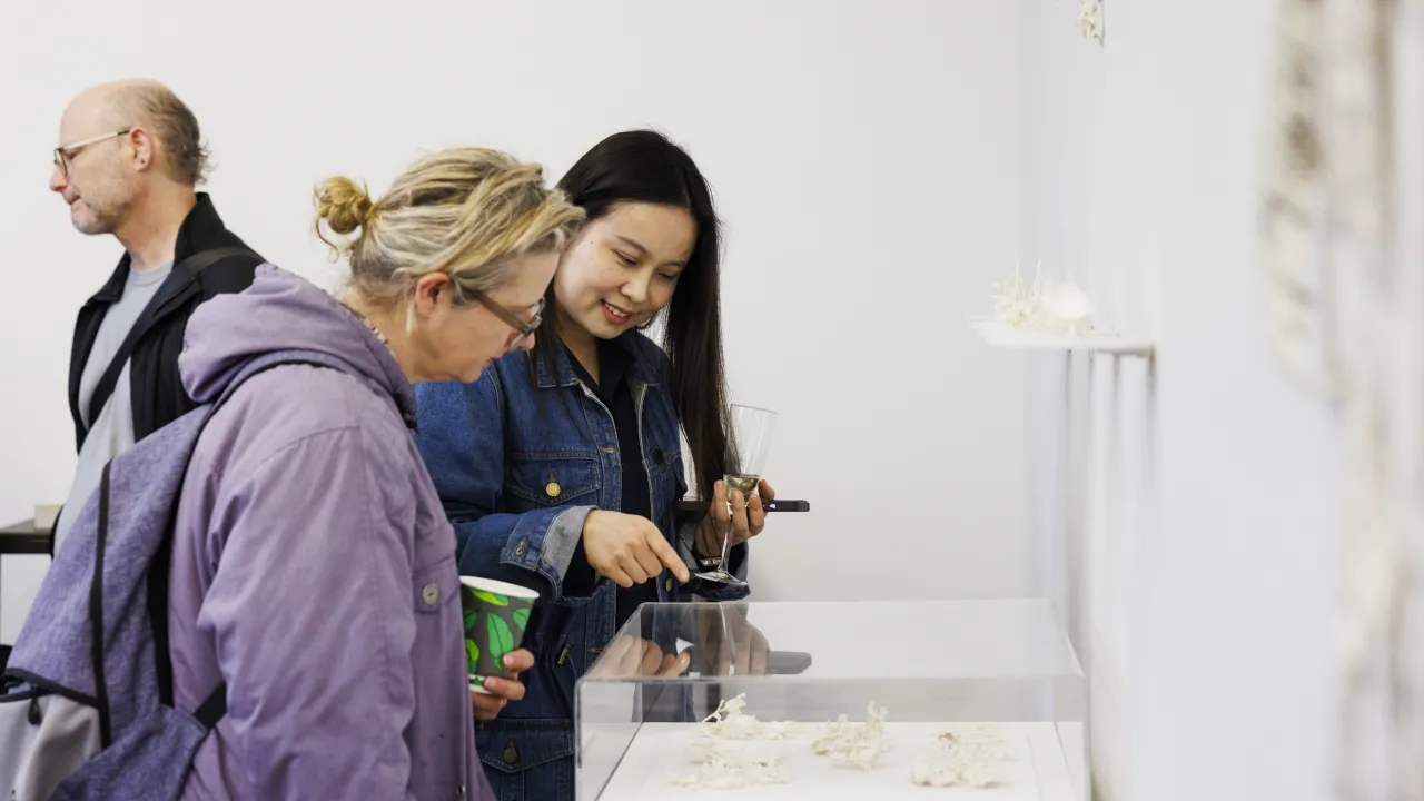 Two gallery visitors viewing small white porcelain sculptures on a plinth