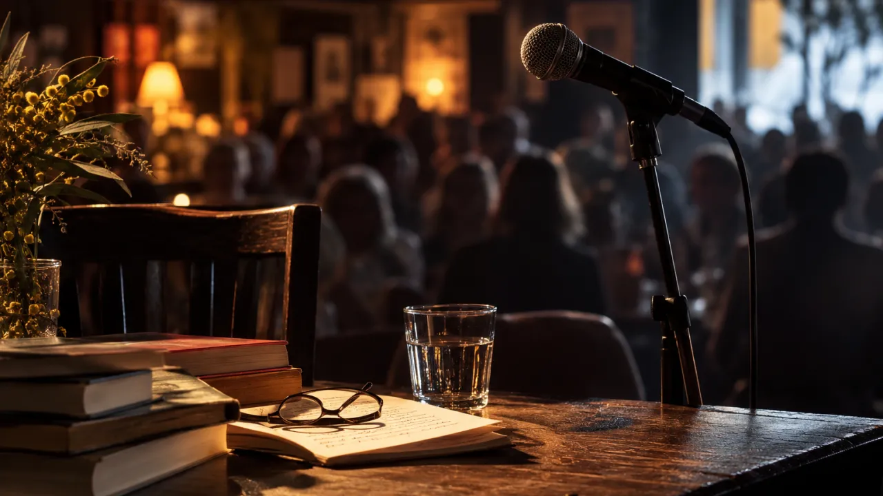 AI generated image of a literary writing event in a pub