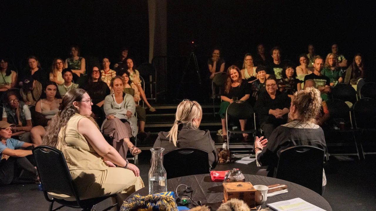 ‘Bulunggayi’ post progress showing feedback discussion. Featuring (from left to right): Jane Wade, Aunty Julie Jones and Aunty Leanne Tobin.