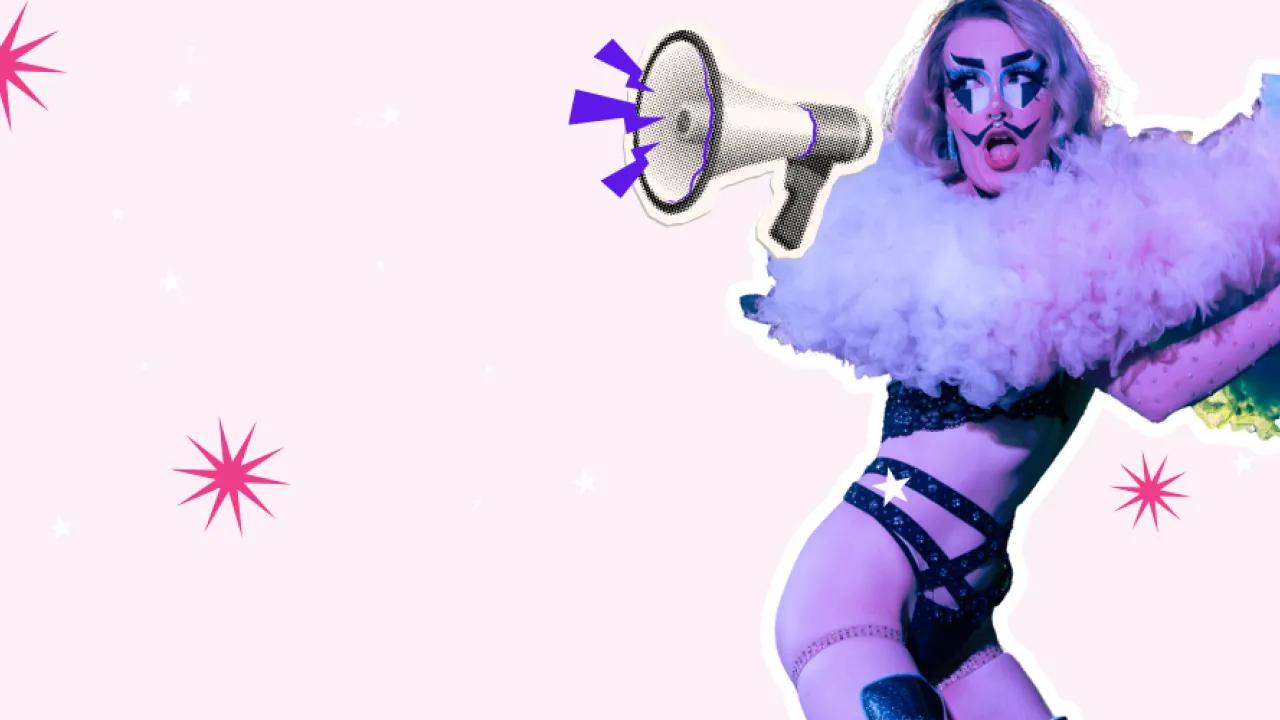 Adelaide burlesque performer Dorian Courtisan (he/they) strikes a dynamic pose against a pale pink starburst background, with a large graphic of a megaphone and wearing dramatic blue and pink makeup, a fluffy pink feather boa, and black sparkly lingerie.