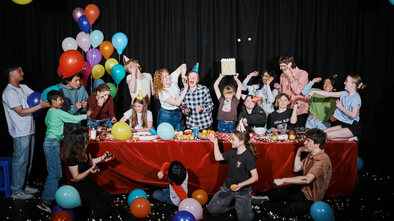 Image of Shopfront Young People celebrating Shopfront’s 50th Birthday, created for Shopfront’s 2026 Season and Program. Image Credit: Joshua Morris.
