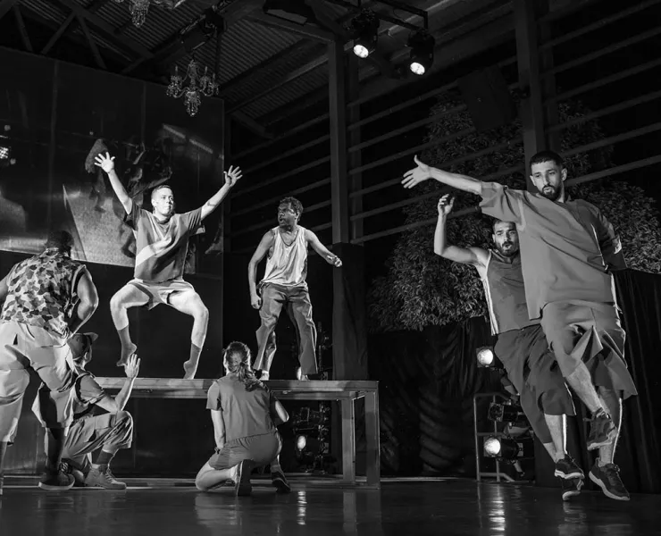 Luke Currie-Richardson, Ses Bero, Zachary Lopez, Chandler Connell, Miranda Wheen, Emmanuel James Brown, Issa el Assaad & Feras Shaheen in Jurrungu Ngan-ga, Marrugeku. 2021