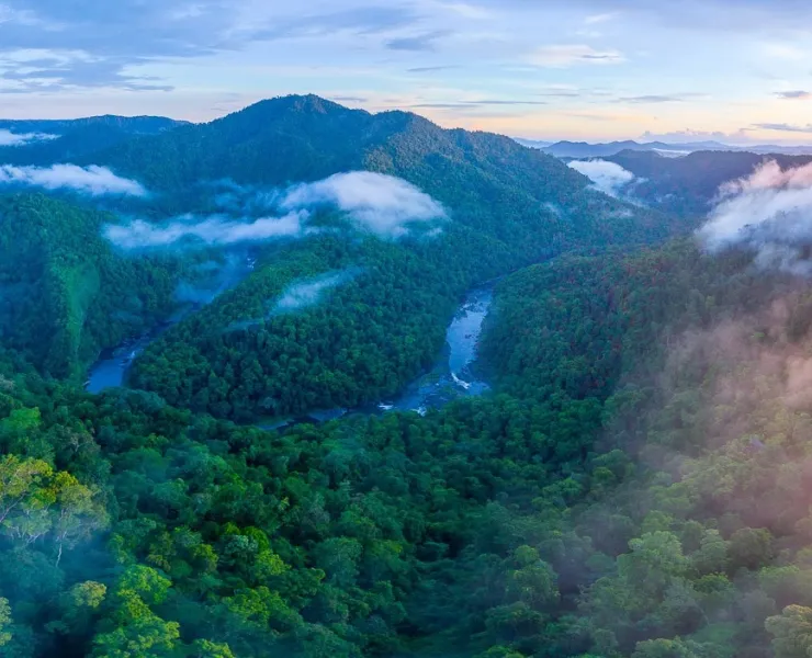 A photo of mountains covered in trees, with clouds passing over.