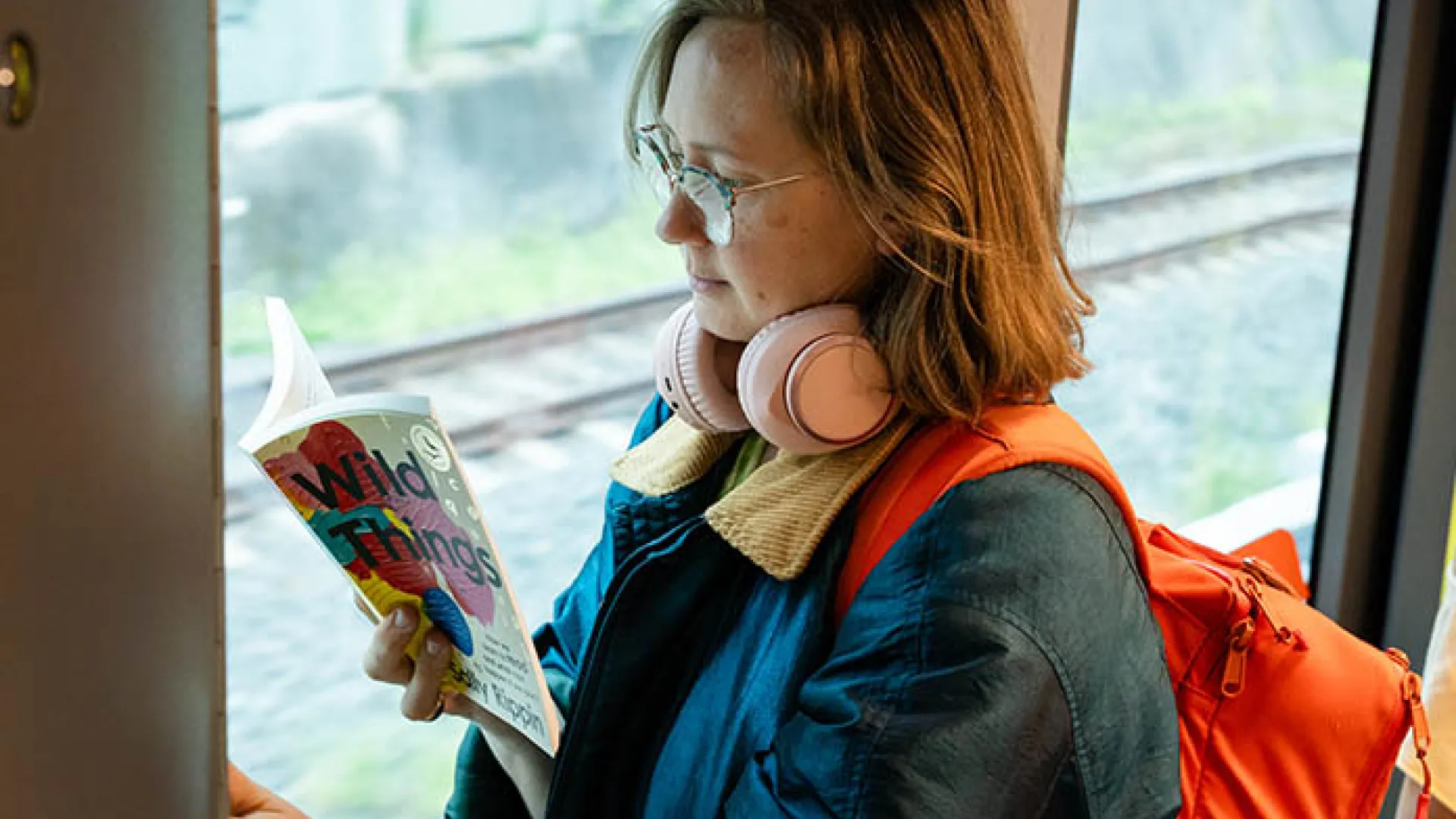Woman on train reading a book